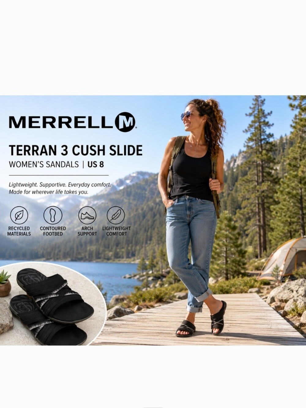 Merrell Terran 3 Cush Slide Sandals Black Comfort Outdoor Walking US 8
